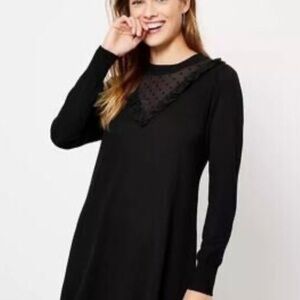 LOFT Black Swiss Dot Ruffle Neck Long Sleeve Dress with Sheer Detail NWT Size S